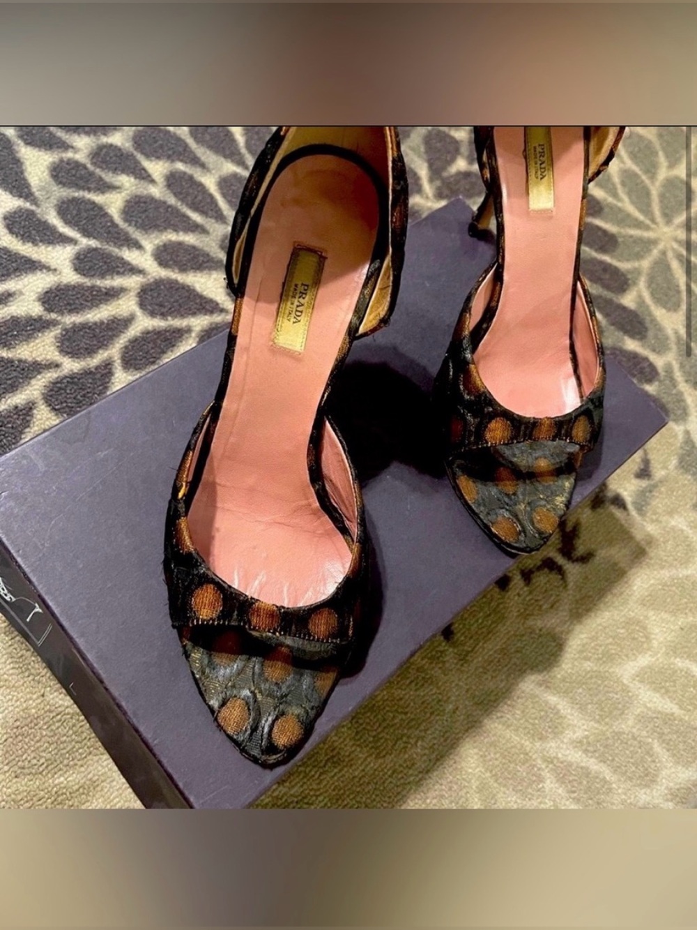 Prada Black and Brown D'Orsay Pointed-Toe Heels with Polka Dot Detail 37.5